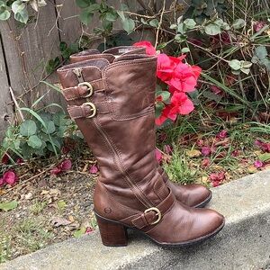 Born Treddy Boots Leather Moto Style Mid Calf Flannel Lined B72006 Brown Sz 9 M